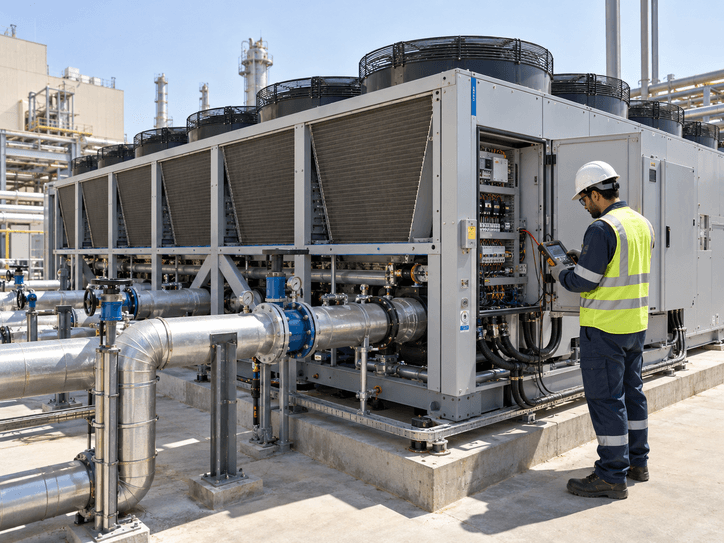 Industrial chiller being installed and commissioned