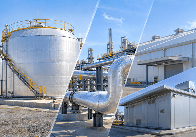 Industrial thermal insulation on tanks and pipework
