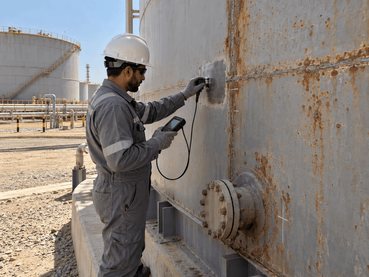 Technician inspecting an industrial storage tank