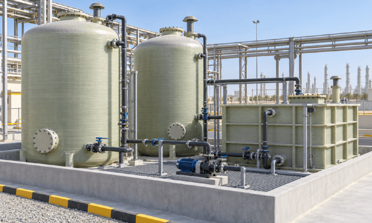 Chemical storage tanks in an industrial plant
