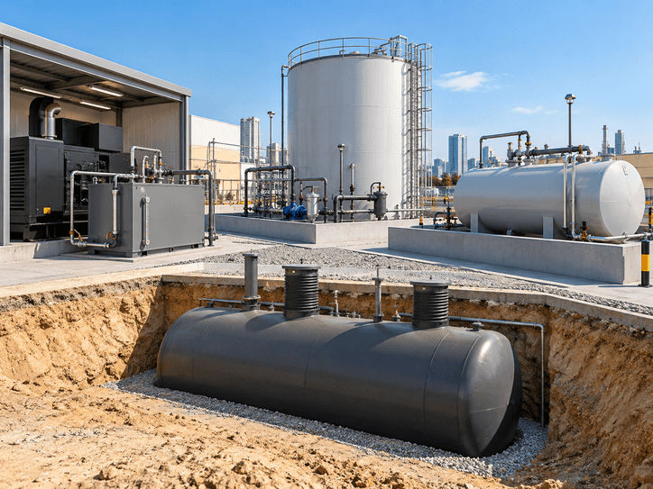 Diesel and fuel storage tanks in an industrial yard