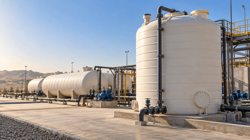 Heavy-duty polyethylene storage tanks at a Gulf facility