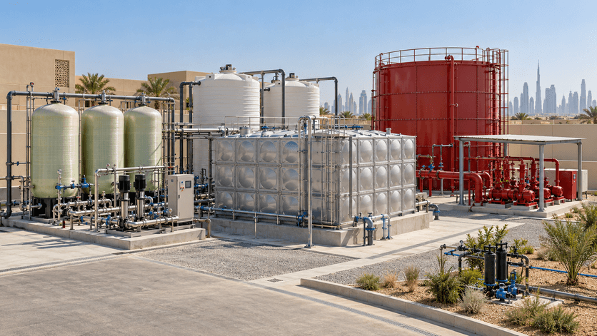Water storage tanks at a modern storage facility