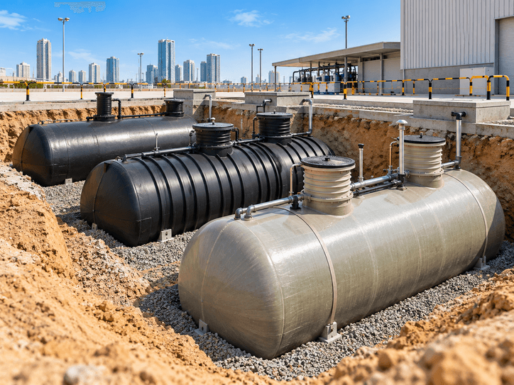 Cutaway of an underground storage tank installation